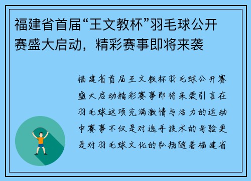 福建省首届“王文教杯”羽毛球公开赛盛大启动，精彩赛事即将来袭