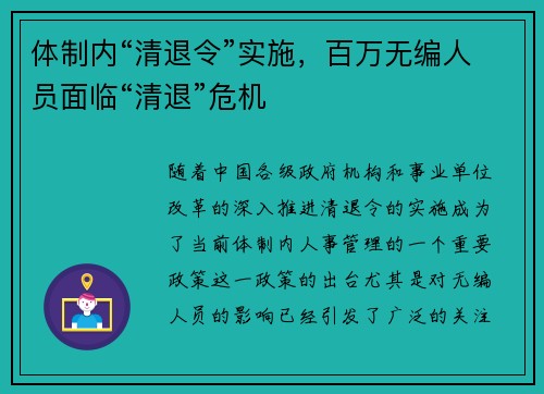 体制内“清退令”实施，百万无编人员面临“清退”危机