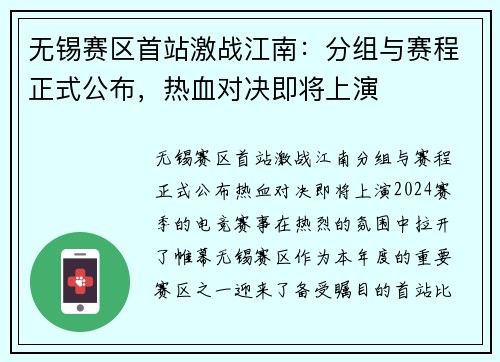 无锡赛区首站激战江南：分组与赛程正式公布，热血对决即将上演